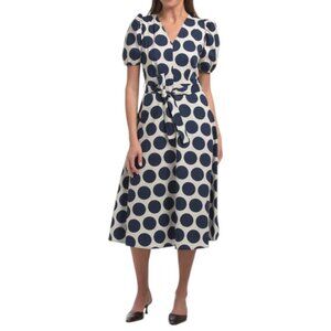 LUNA ALLEGRA Navy/Ecru Puff Sleeve Belted Dot Print Midi Dress